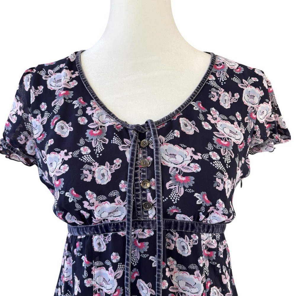 Vintage 90s Y2K‎ ESPRIT Dress Blue Floral Womens Size 4 Distressed Velvet Ribbon - Picture 2 of 8